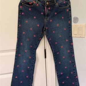 Lilly Pulitzer Dark Wash Skinny Jeans with Pink Embroidered Motifs